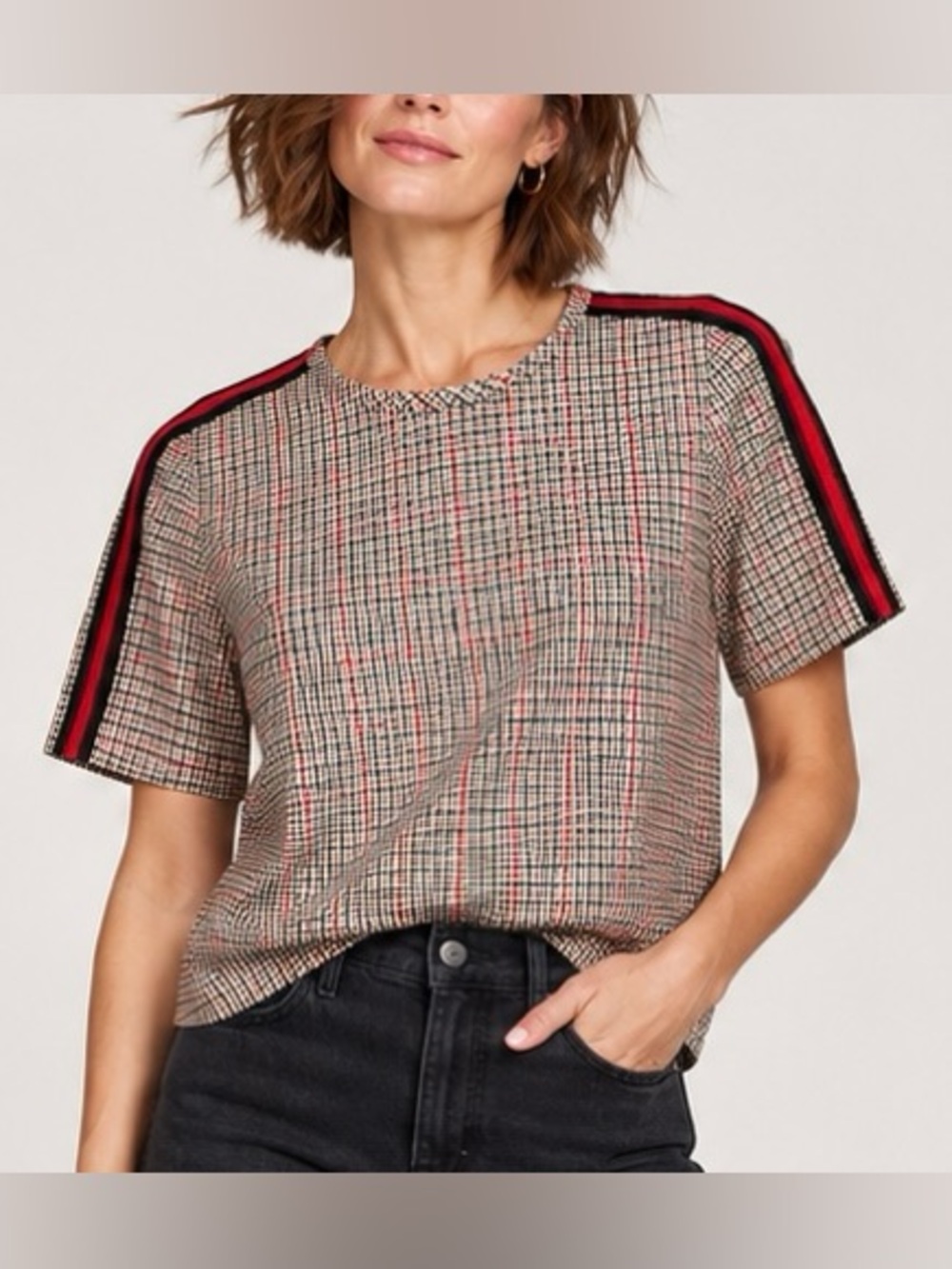 Trina Turk Aden Top Shirt Plaid Check Sport Stripe Short Sleeve Red Black Size M